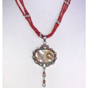 Blister Pearl, Red Coral & Blue Moonstone in Sterling Silver Necklace